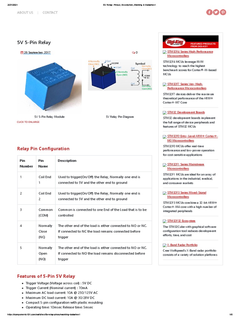 5V Relay - Pinout, Description, Working & Datasheet | PDF | Relay ...