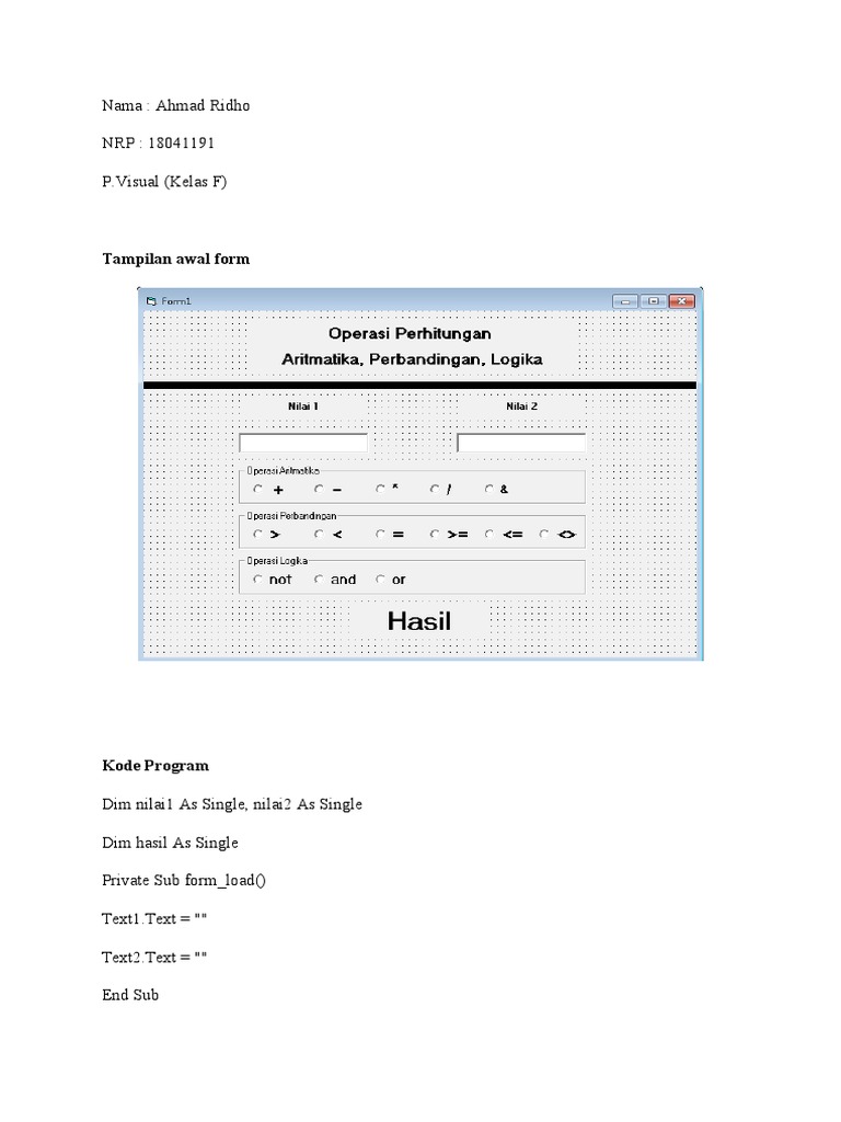 Ahmad Ridho Visual Basic Program for Arithmetic and Logical Operations ...