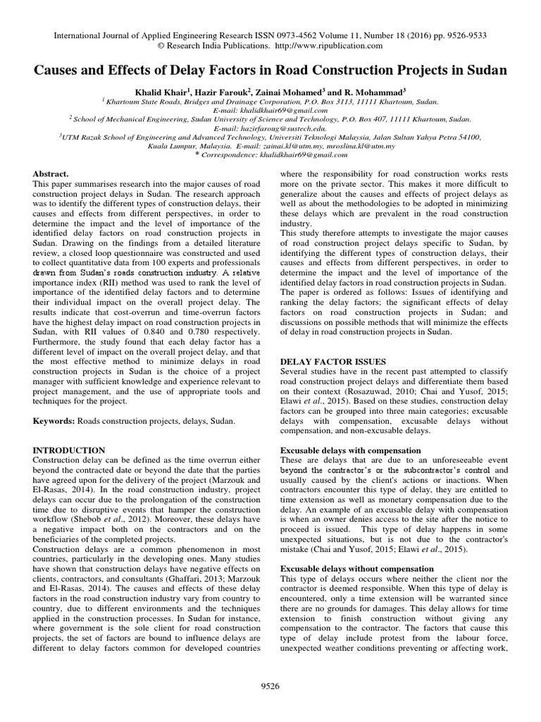 Causes and Effects of Delay Factors in Road Construction Projects in ...