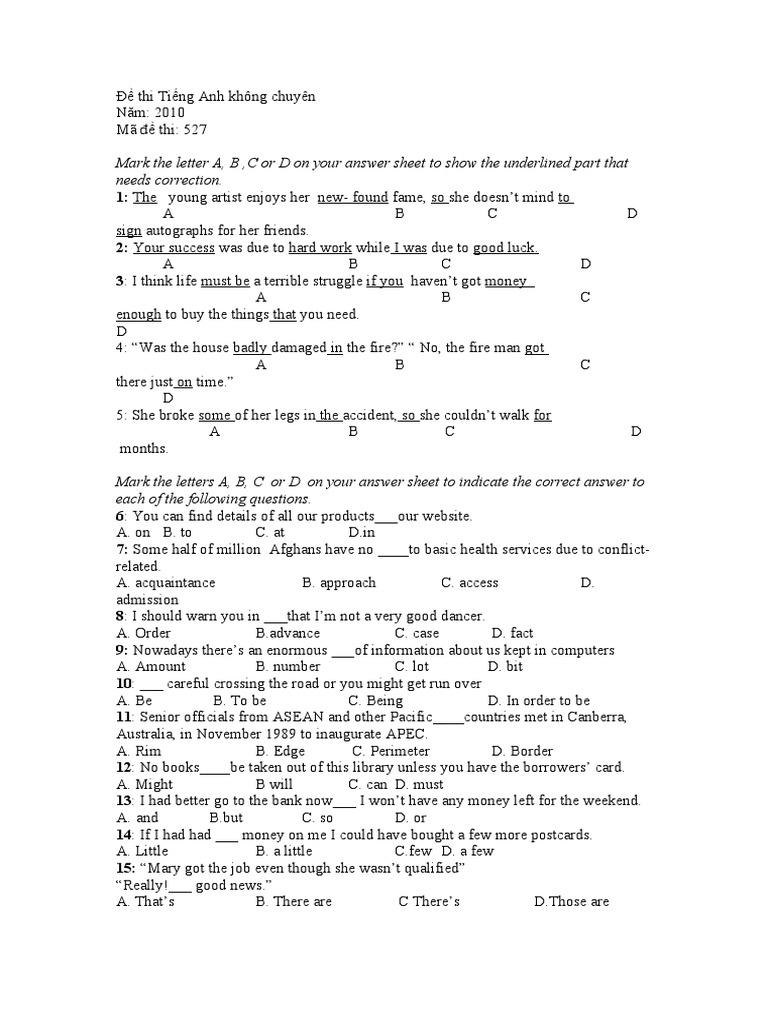 Mark The Letter A, B, C or D On Your Answer Sheet To Show The ...