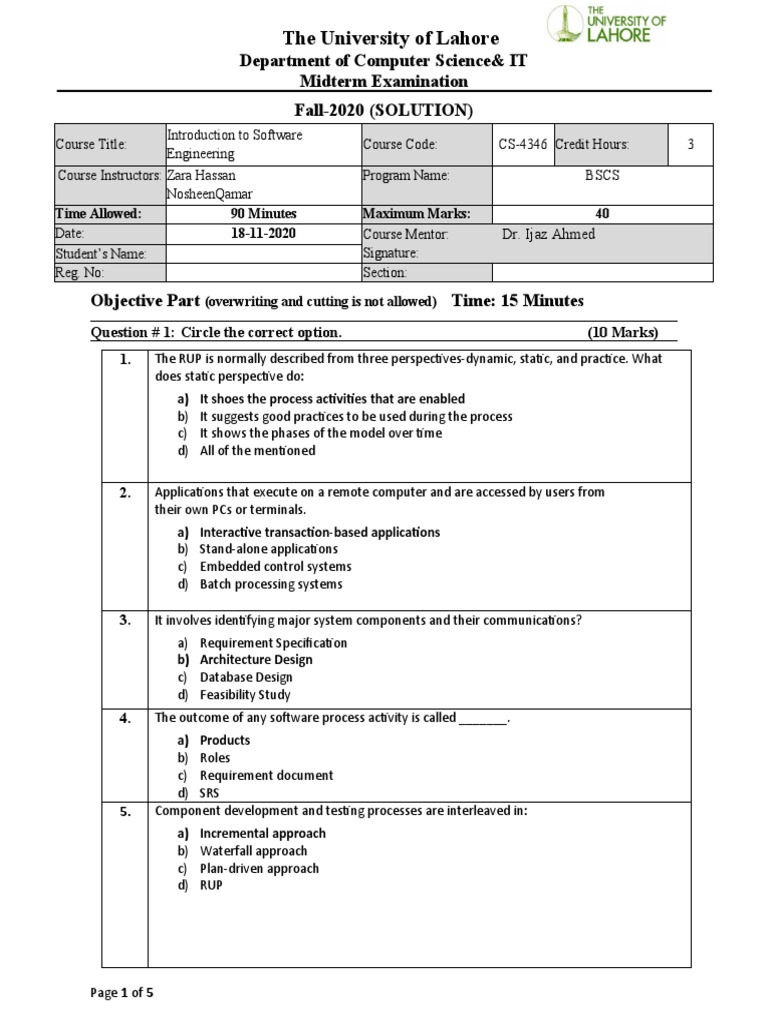 Software Engineering Midterm Solutions | PDF | Agile Software ...