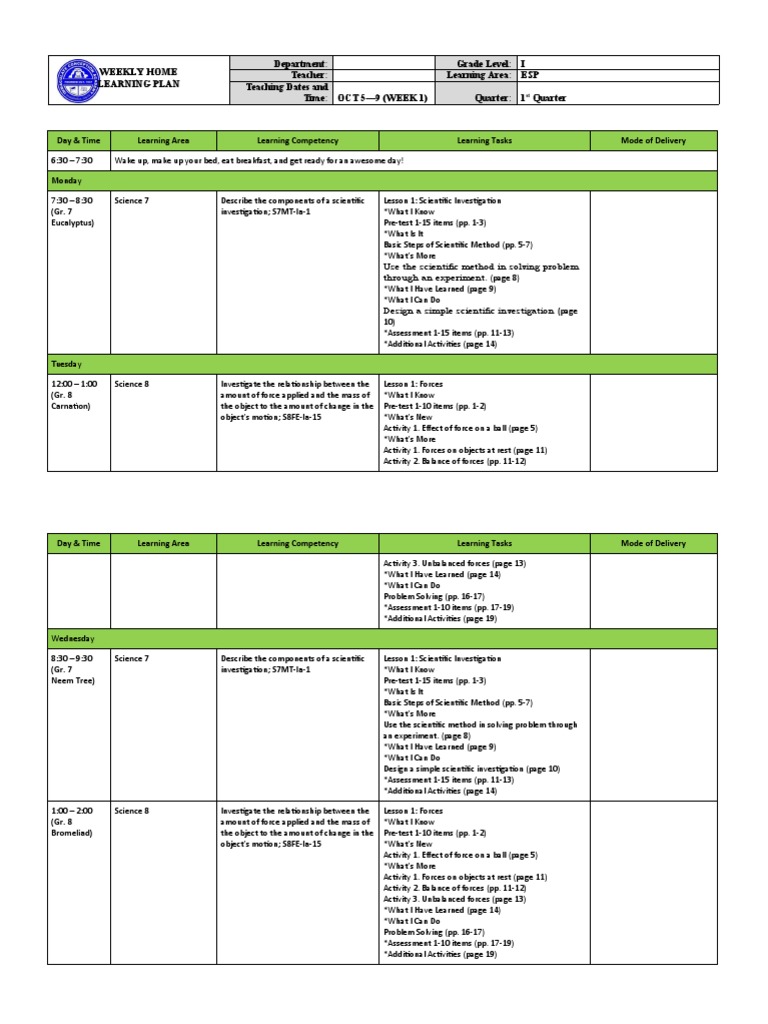 Grade 7 Science Weekly Plan | PDF | Force | Scientific Method