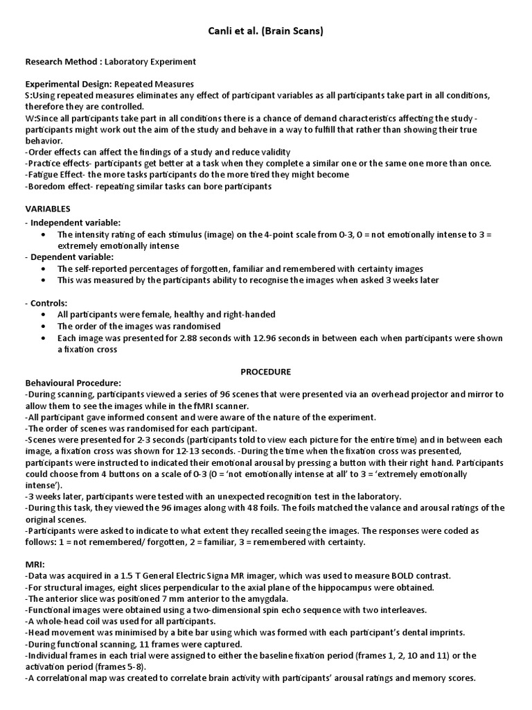 Canli Et Al. (Brain Scans) : Research Method: Laboratory Experiment ...