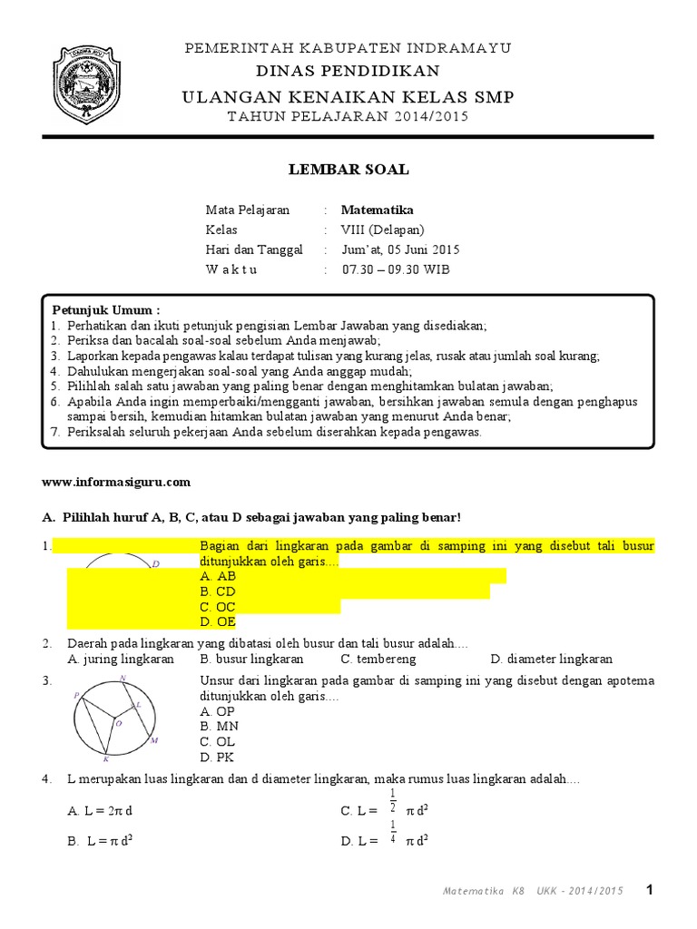 Soal Kunci Ukk Kelas 8 Mtk Pdf