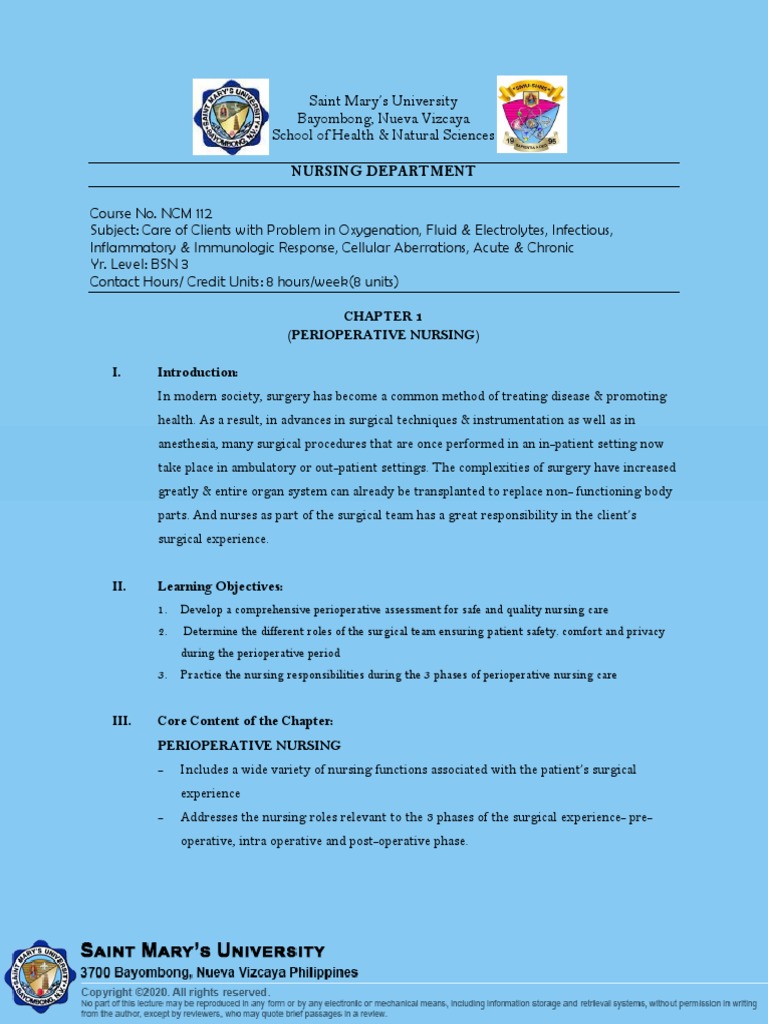 Perioperative Nursing Care Guide | PDF | Anesthesia | Surgery