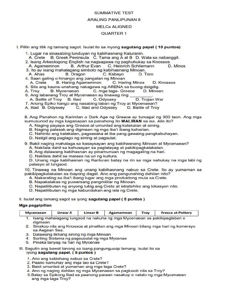 Quarter 2 - Summative Test - Araling Panlipunan 8 | PDF