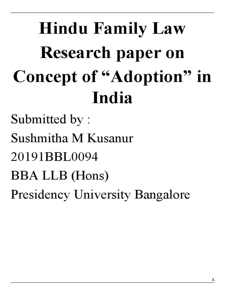 Hindu Family Law Research Paper On Concept of "Adoption" in India PDF