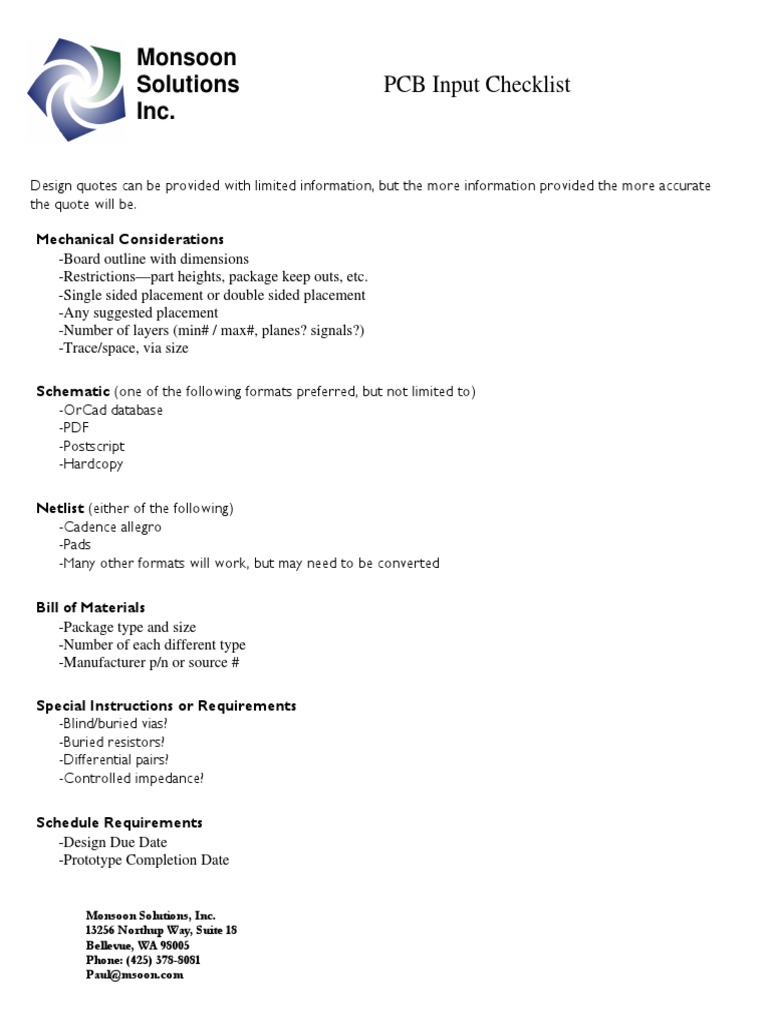 PCB Input Checklist for Design Quotes | PDF