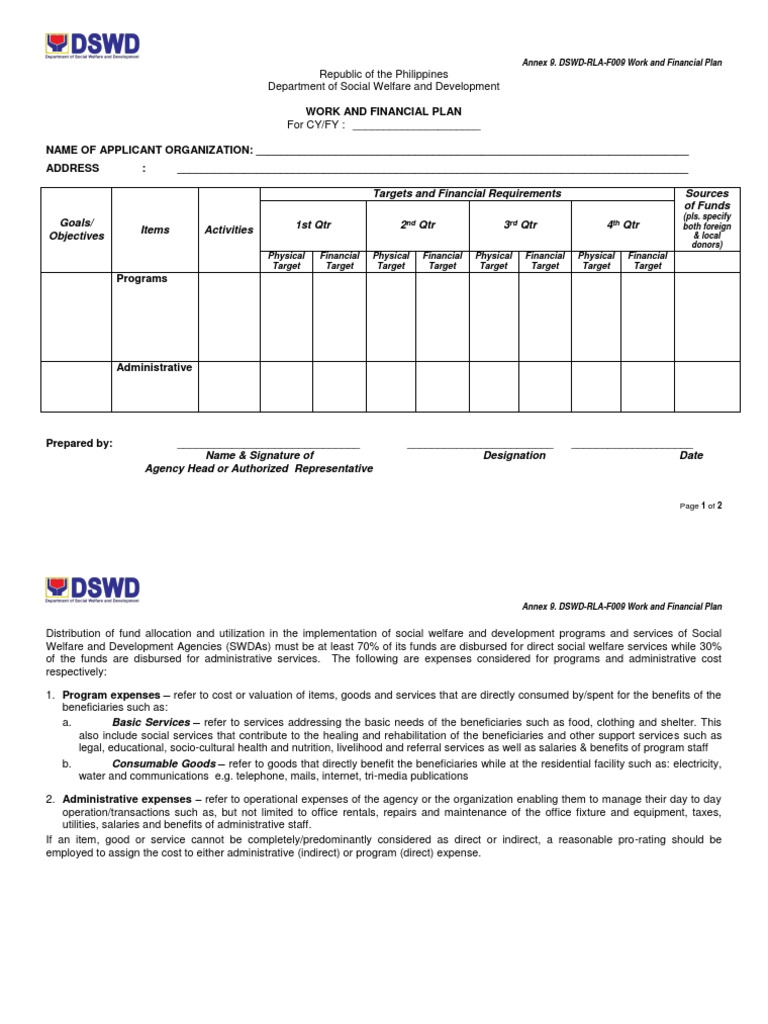 DSWD Work and Financial Plan Template | PDF | Welfare | Policy