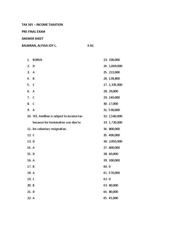 Income Taxation Exam Answer Key | PDF