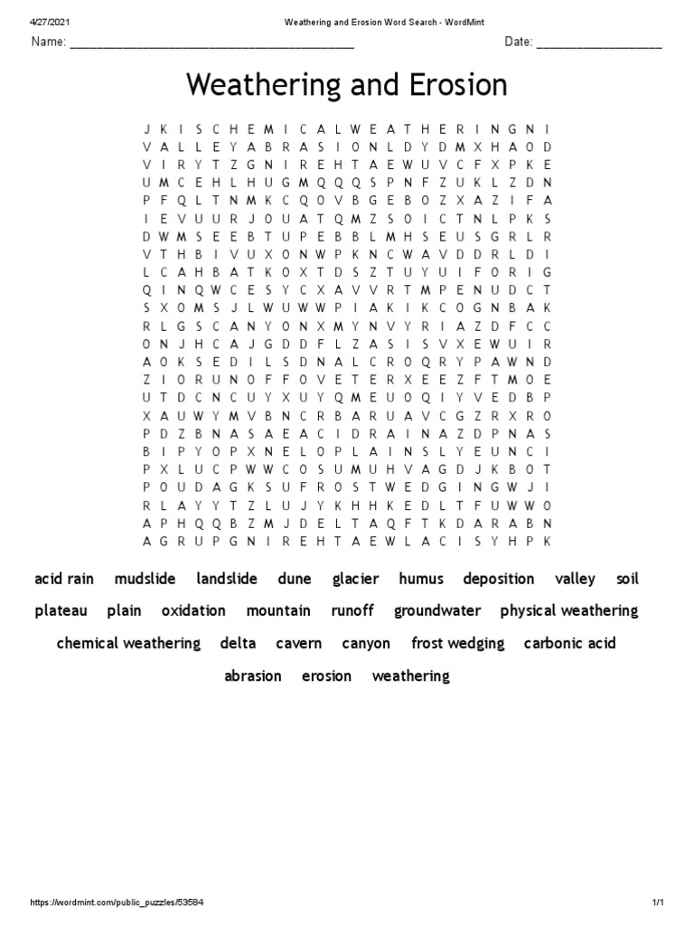 Weathering and Erosion Word Search | PDF | Weathering | Physical Geography