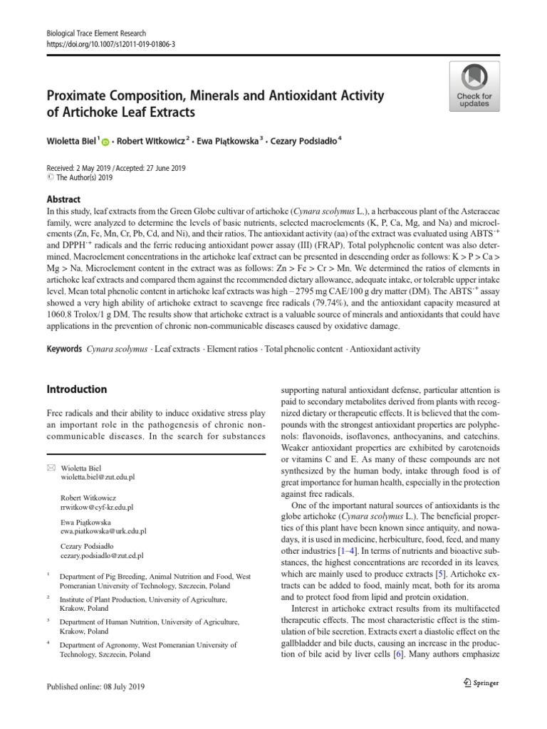Proximate Composition, Minerals and Antioxidant Activity of Artichoke