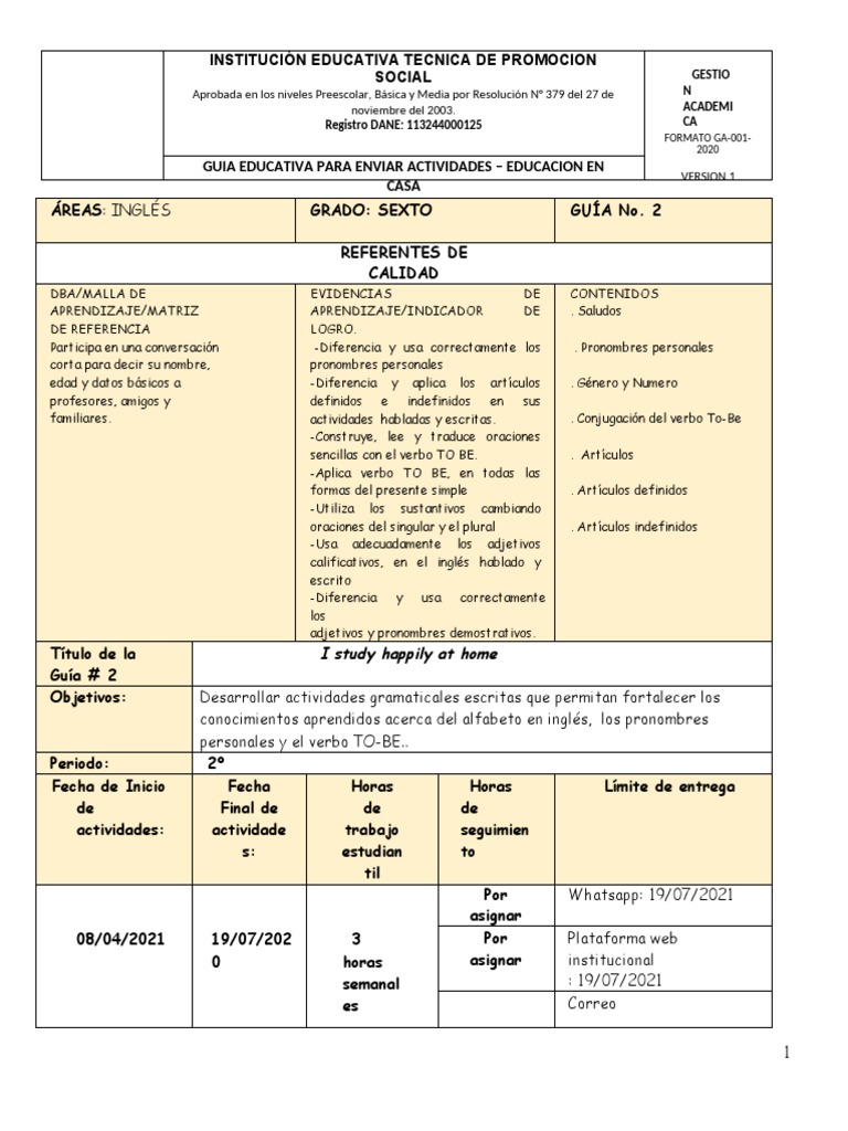 Guía de Inglés para Sexto Grado | PDF | Conjugación gramatical ...