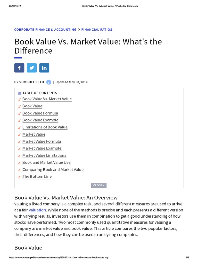 Book Value vs. Market Value What's The Difference Investopedia PDF Book Value Stocks
