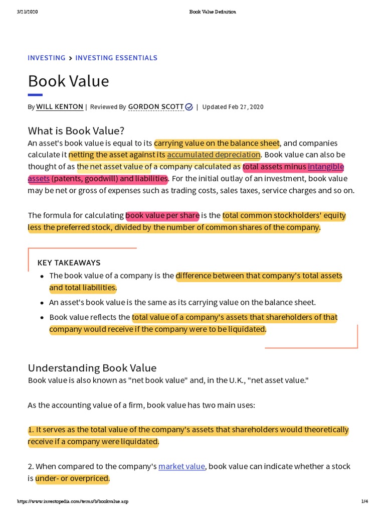 Book Value Definition - Investopedia | PDF | Book Value | Valuation ...