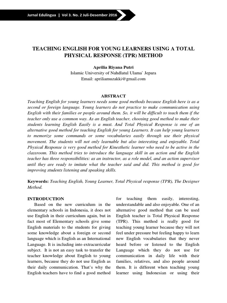 Teaching English For Young Learners Using A Total Physical Response ...