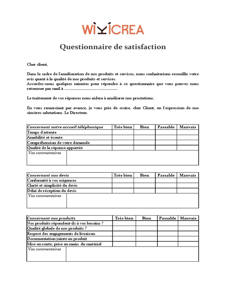 Modele Exemple Questionnaire Satisfaction Word Pdf