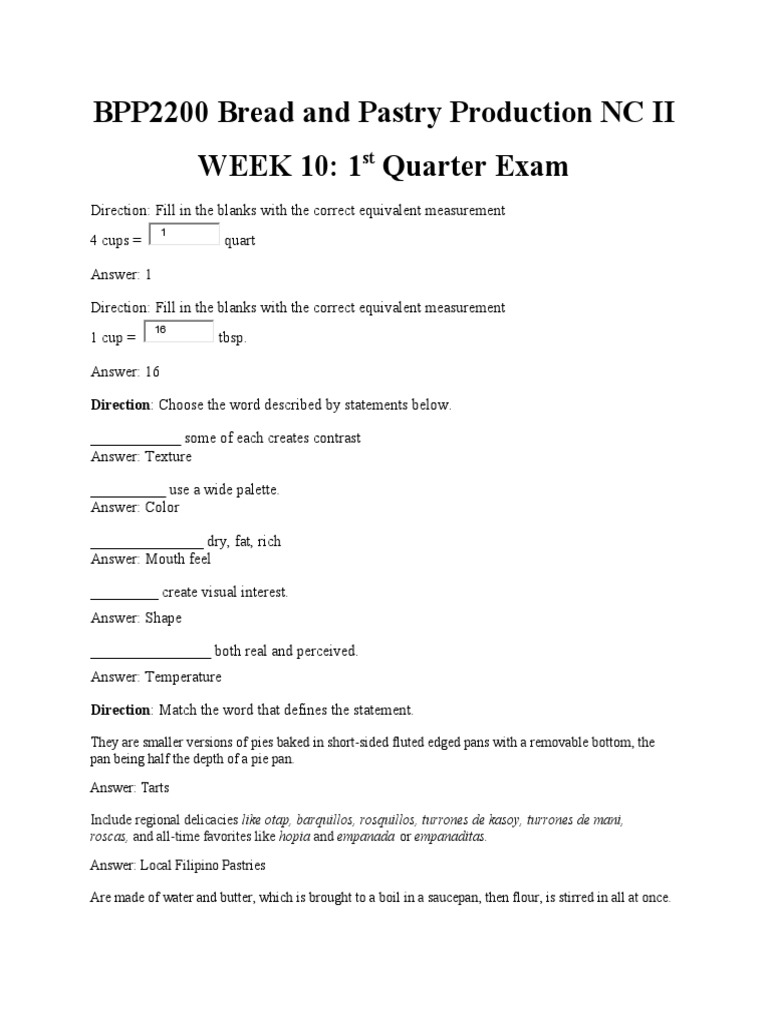 BPP2200 Bread and Pastry Production NC II WEEK 10 1st Quarter Exam