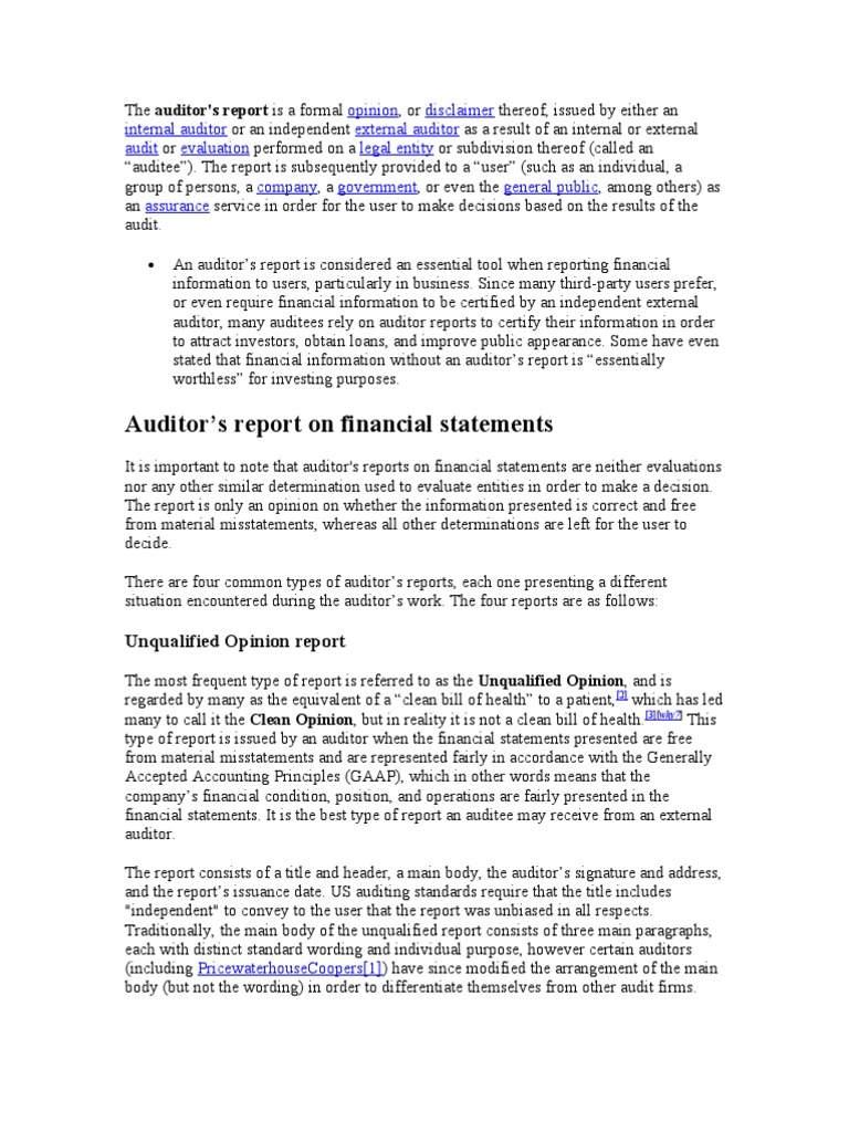 The Auditor Report Auditor s Report Going Concern