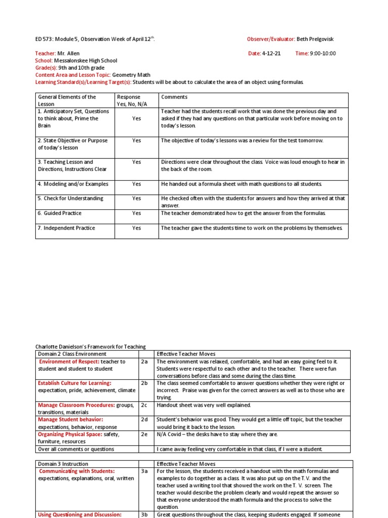 Ed 573 Module 5 Observation Form B | PDF | Educational Assessment ...