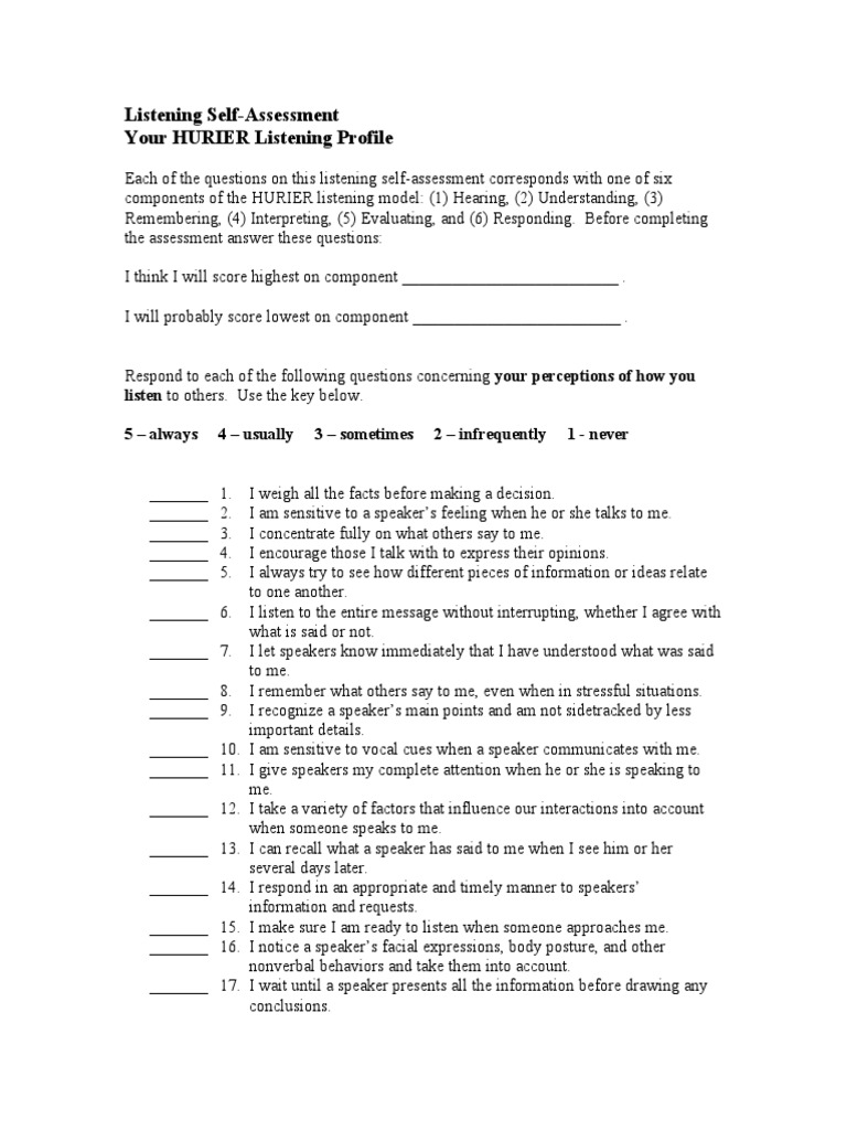 Listening Self-Assessment Your HURIER Listening Profile | PDF ...
