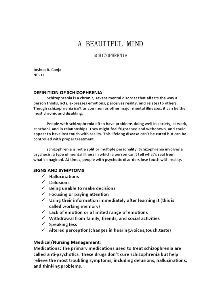 A Beautiful Mind. PDF Schizophrenia Psychosis