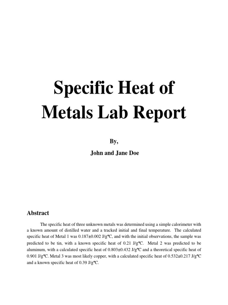 Specific Heat of Metals Lab Report By, John and Jane Doe PDF Heat