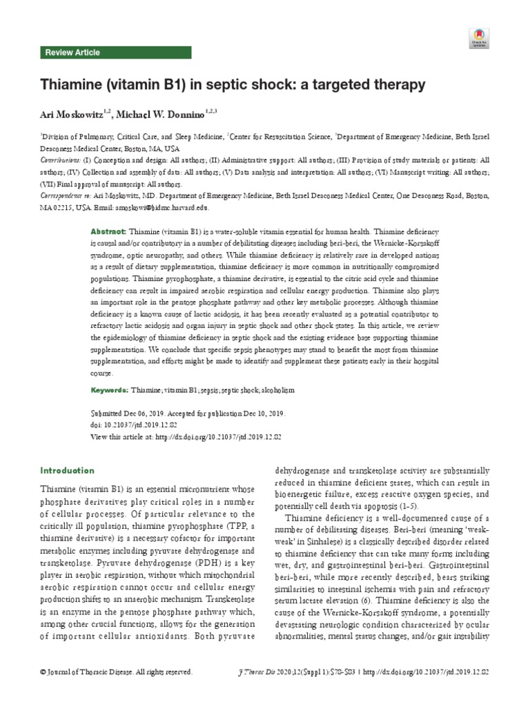 Thiamine (Vitamin B1) in Septic Shock A Targeted Therapy Ari