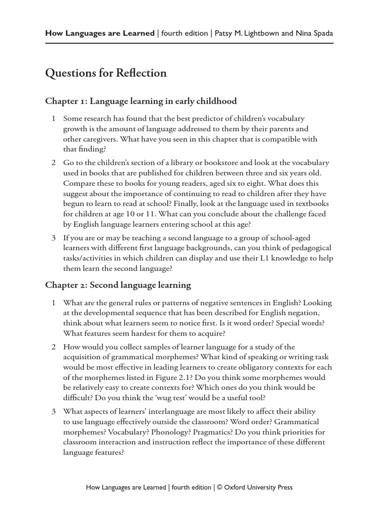 Questions For Reflection: Chapter 1: Language Learning in Early ...