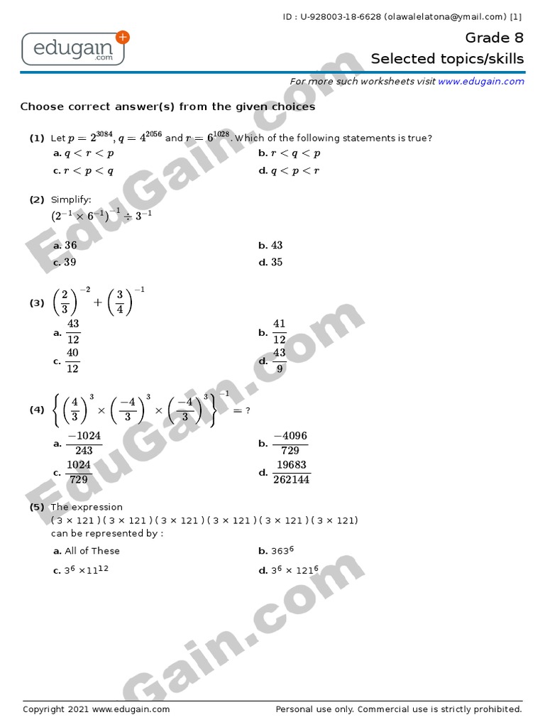 Grade 8 Laws of Indices Worksheet Download Free PDF Teaching