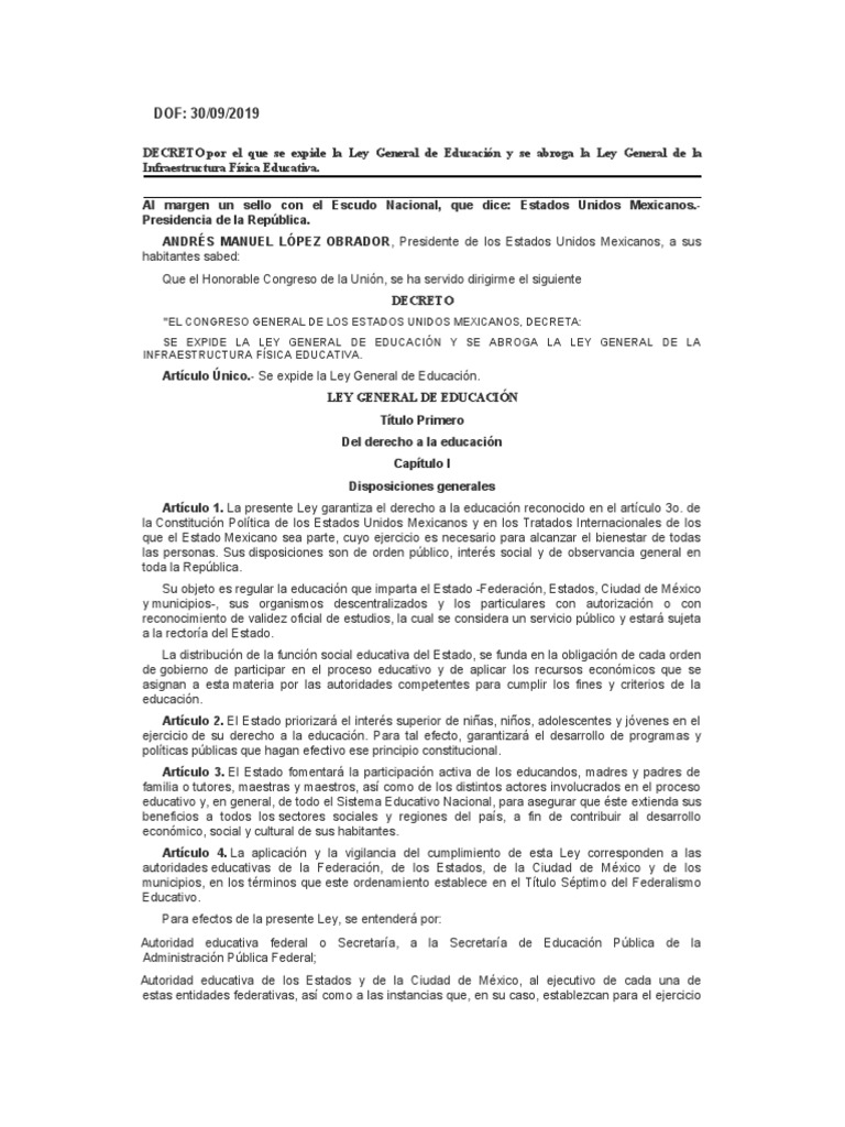 Ley General de Educación en México. | PDF | Educación de la primera ...