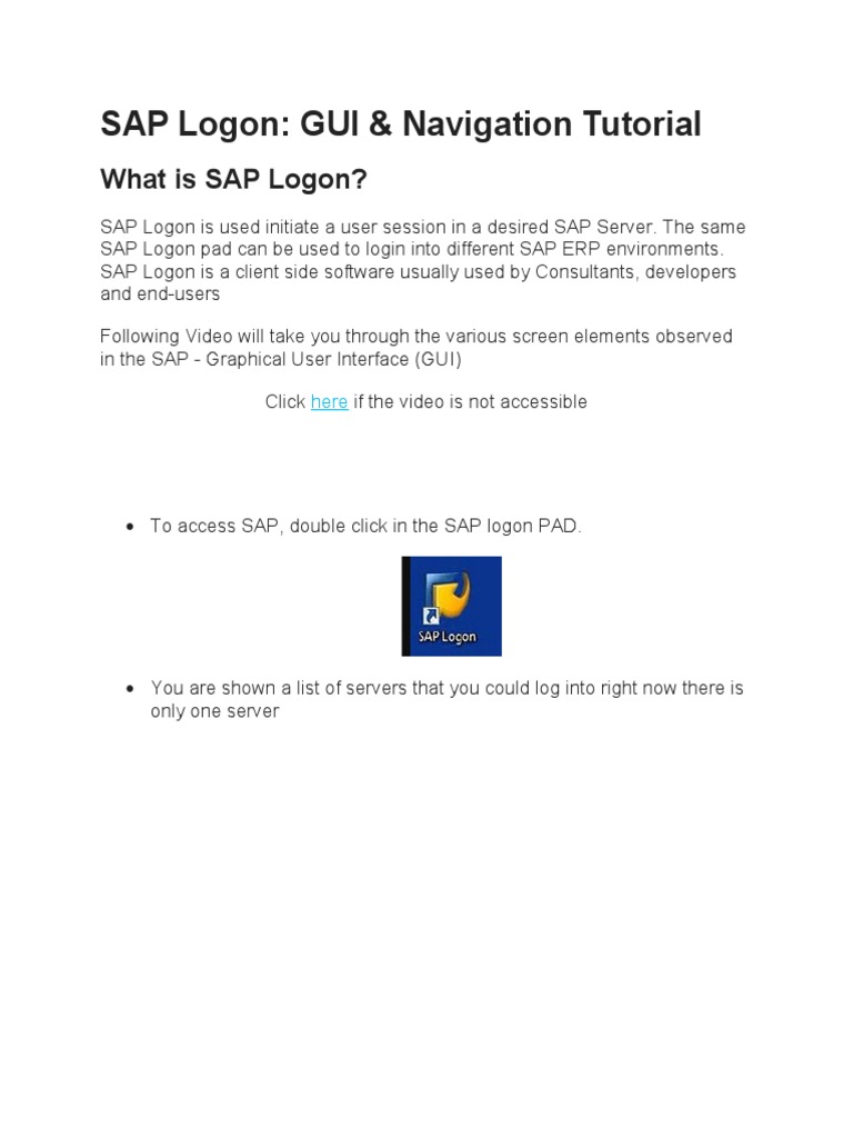 SAP Logon: GUI & Navigation Tutorial | PDF | Login | Menu (Computing)