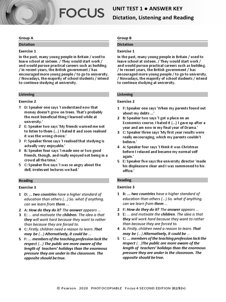 Focus4 2E Unit Test Dictation Listening Reading Unit1 GroupA B ANSWERS | PDF | Teaching ...