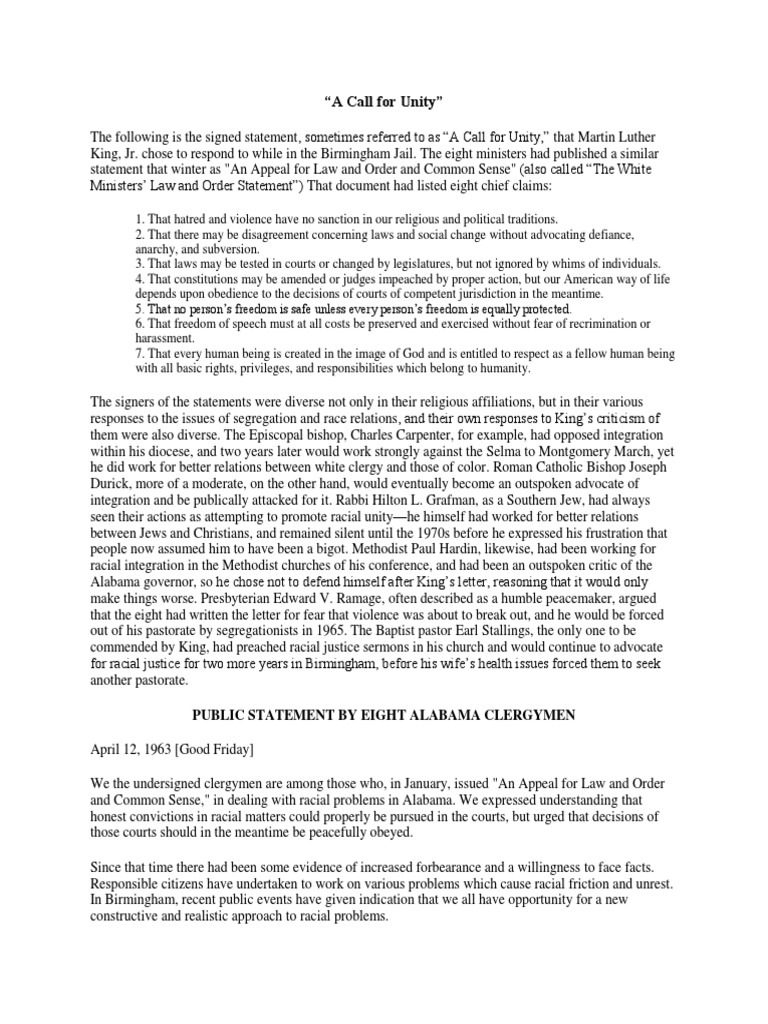 "A Call For Unity" Public Statement by Eight Alabama Clergymen PDF Diocese