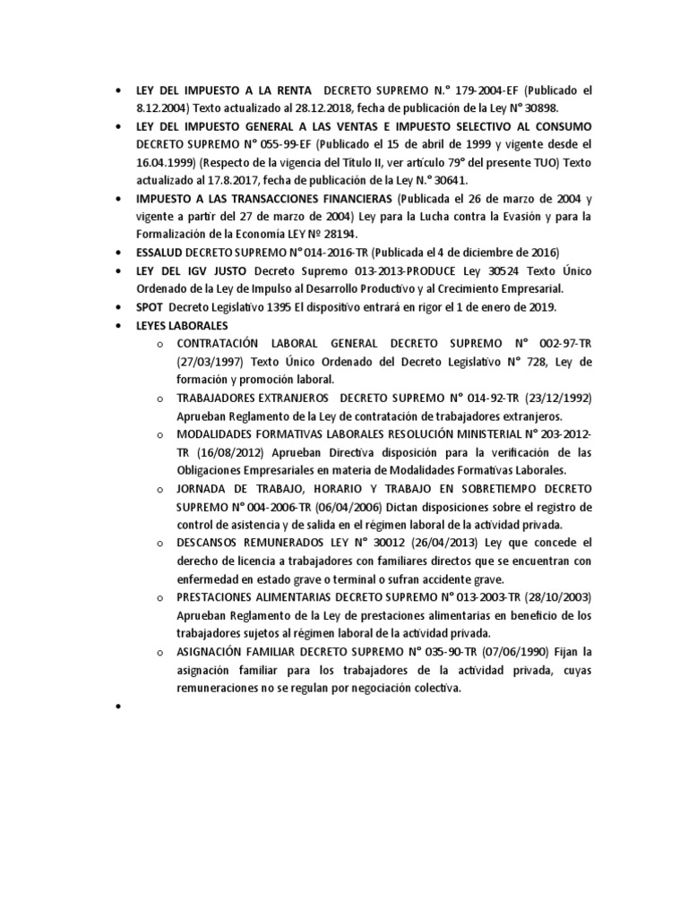Ley Del Impuesto A La Renta Decreto Supremo N | PDF | Derecho laboral ...