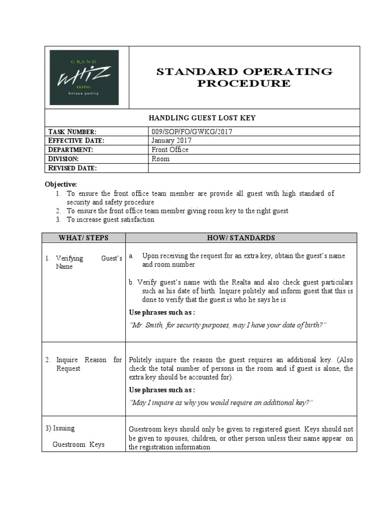 Guest Lost Key Handling SOP | PDF | Identity Document | Government