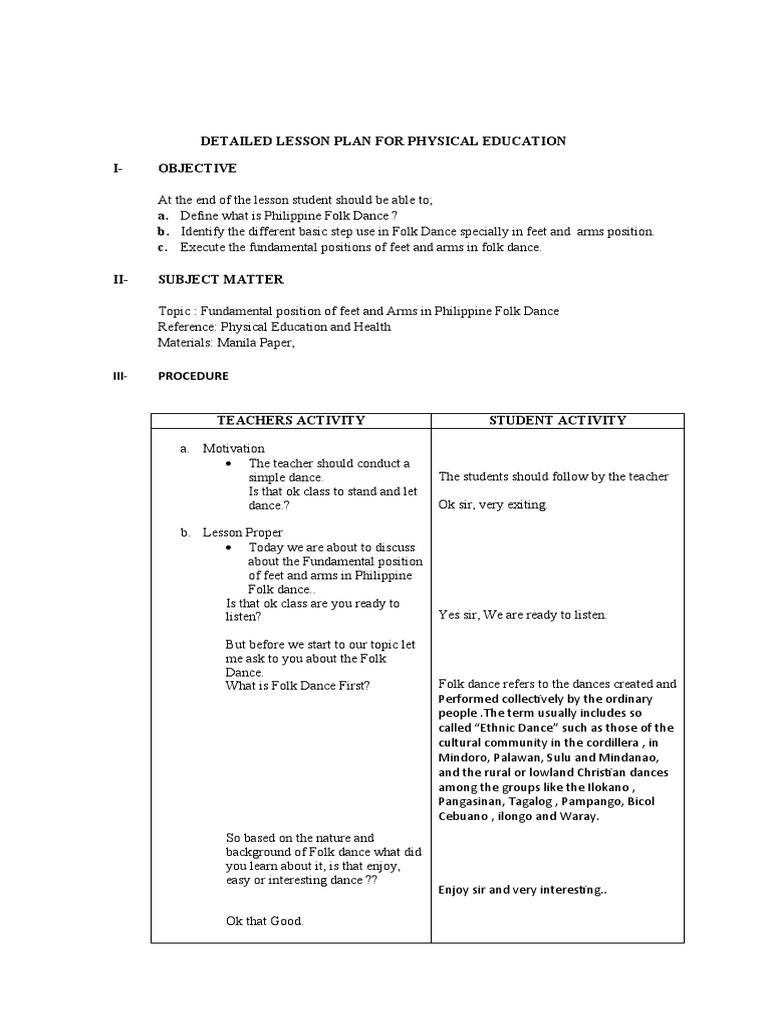 Philippine Folk Dance Lesson Plan | PDF | Dances | Philippines