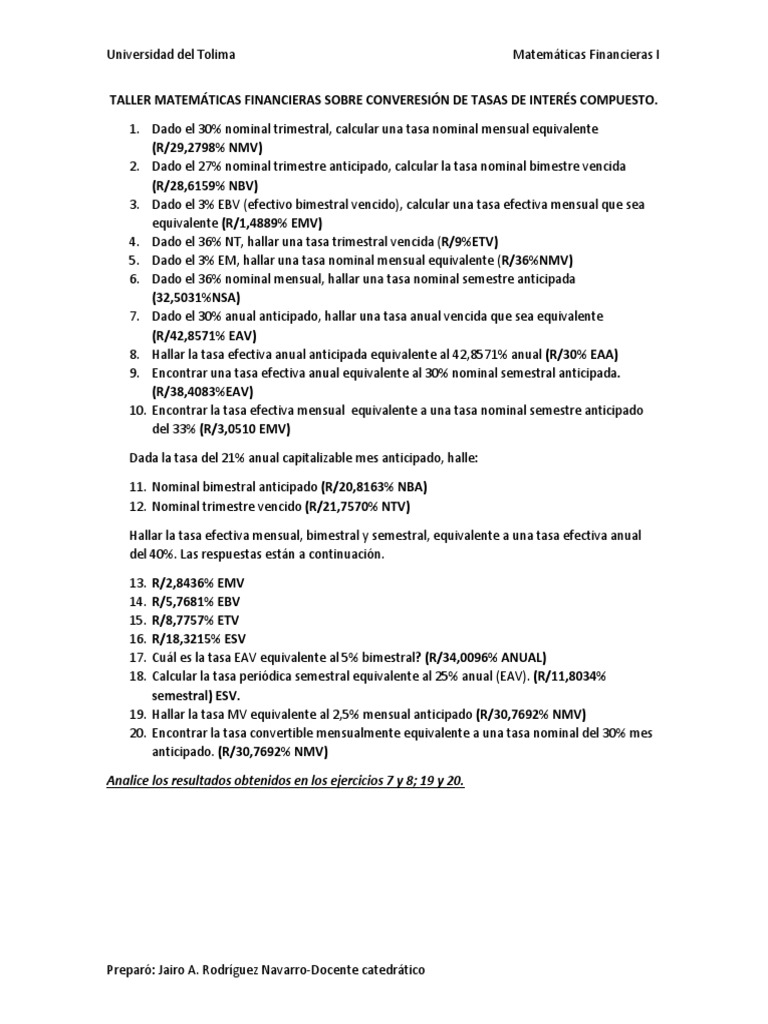 TALLER Mat., Fcra I - Conversión de Tasas de Int. Compuesto | PDF