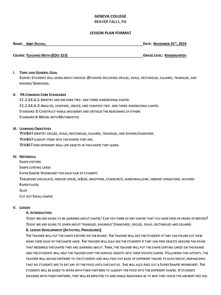 Kindergarten Shapes Lesson | PDF | Shape | Behavior Modification