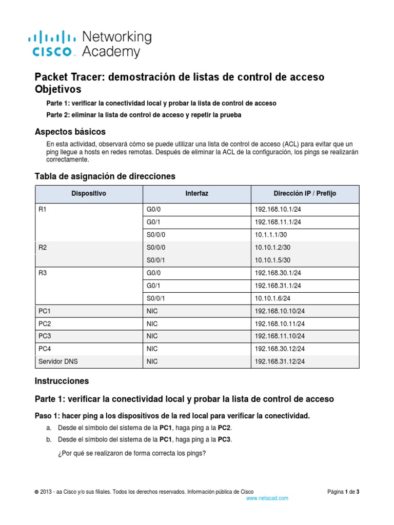 Demostración de ACL en Packet Tracer | PDF | Protocolos de red ...
