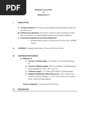 Detailed Lesson Plan in Math V Measurement Using 12 Hour and 24 Hour Clock (1)