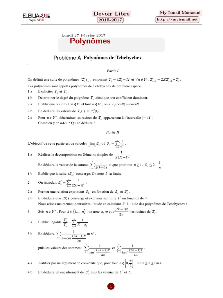 Exercices sur les polynômes de Tchebychev PDF Zéro d'une fonction — free download