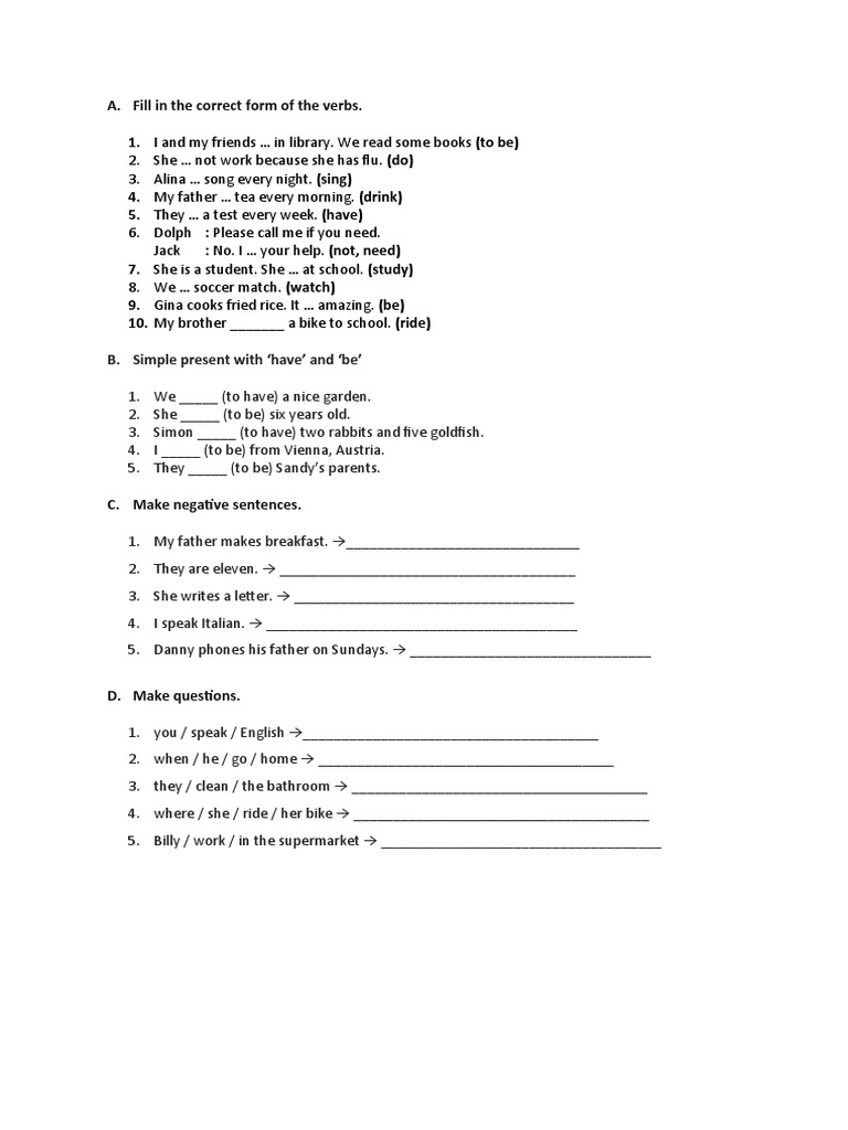 Verb Forms and Sentence Structure Exercises | PDF | Language Arts ...