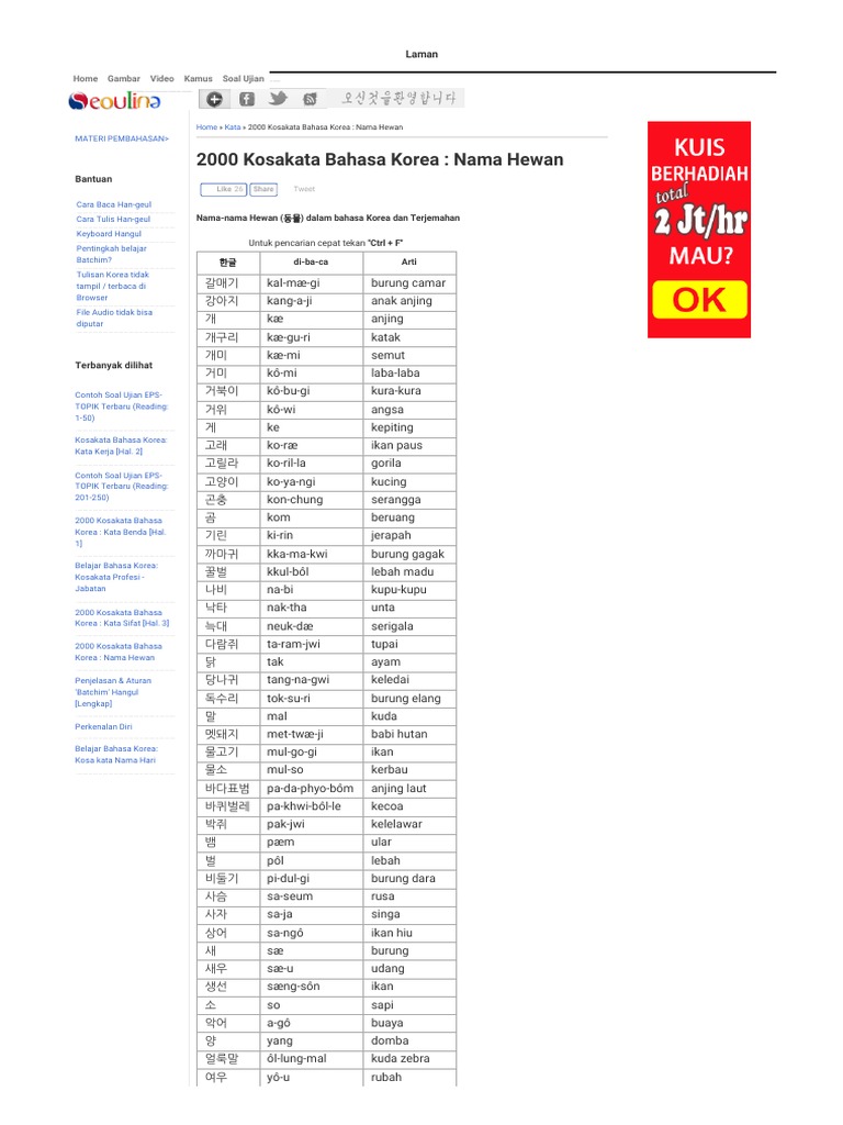 2000 Kosakata Bahasa Korea Nama Hewan Kursus Bahasa Korea Online Pdf