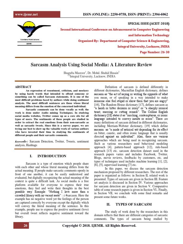 Sarcasm Analysis Using Social Media: A Literature Review: ISSN (ONLINE ...