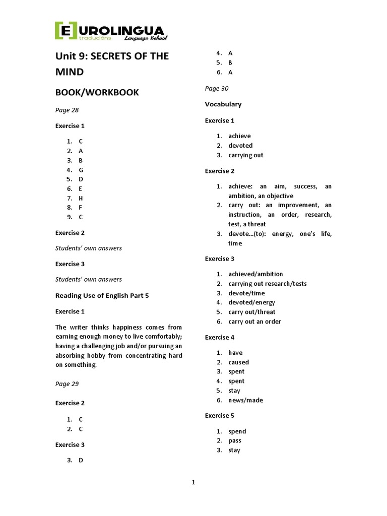 Unit 9 - B2 - KEY - BOOK AND WORKBOOK | PDF | Classroom | Psychological ...