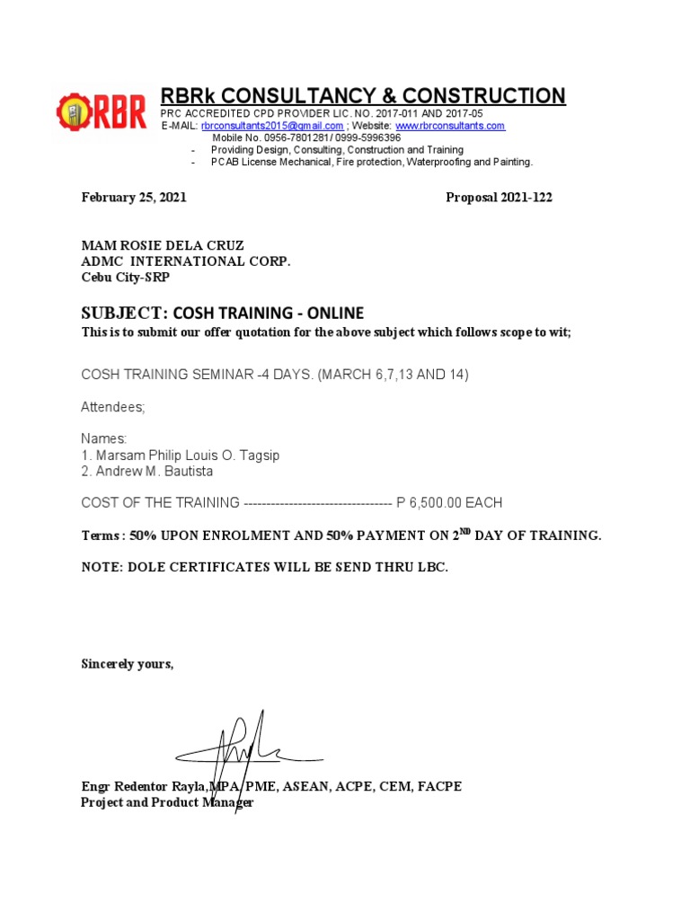 RBRK Consultancy & Construction: Subject: Cosh Training - Online | PDF