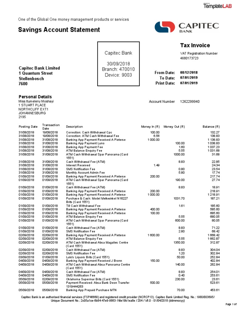 Capitec Bank Statement Automated Teller Machine Payments