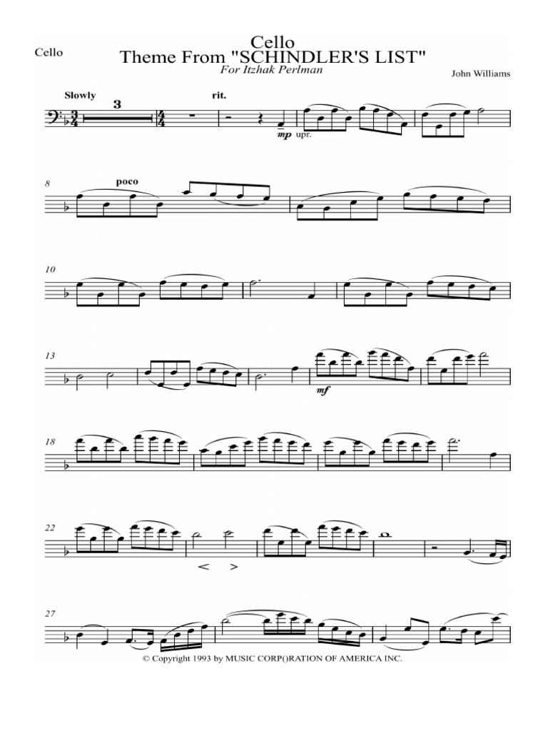 Schindler List Cello PDF