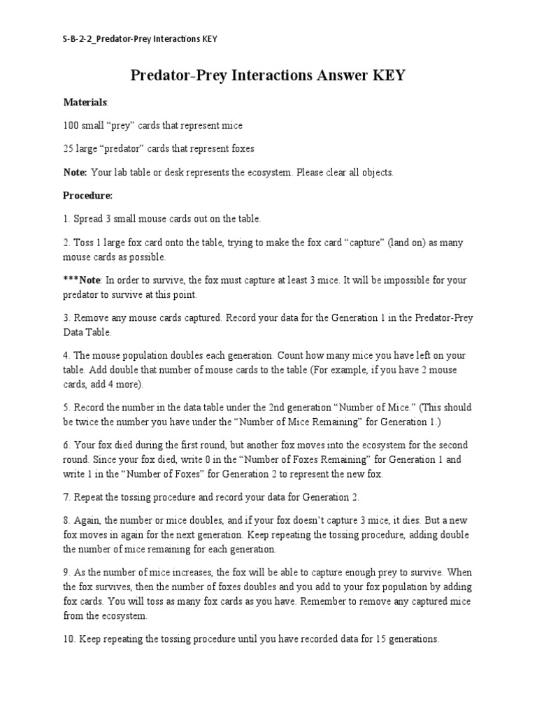 Predator-Prey Interactions Answer KEY: Materials | PDF | Predation | Mouse